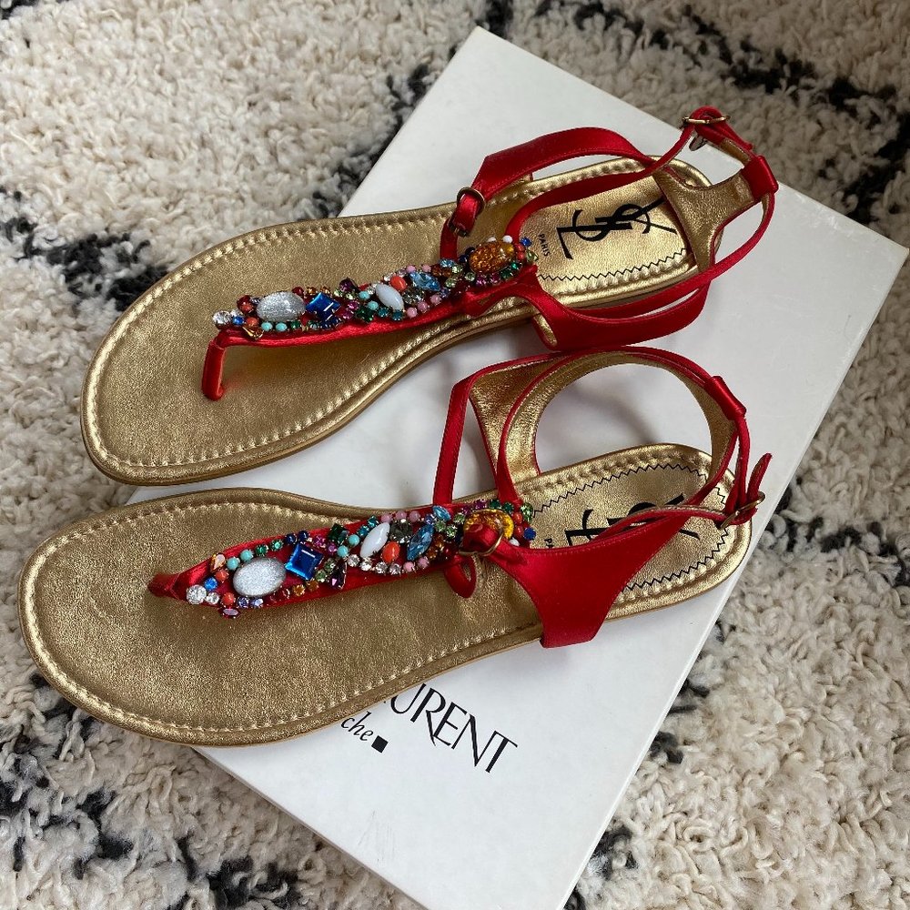 Yves Saint Laurent Jeweled Red Satin Sandals (New)